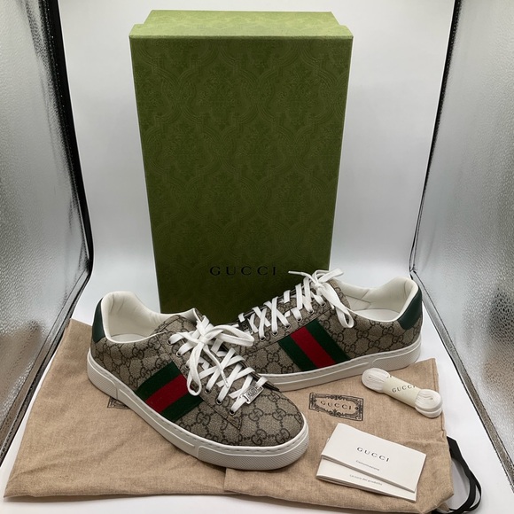 Men's Gucci Size 6 1/2 (US 7) Ace Sneaker Shoe With Web Beige Ebony Supreme